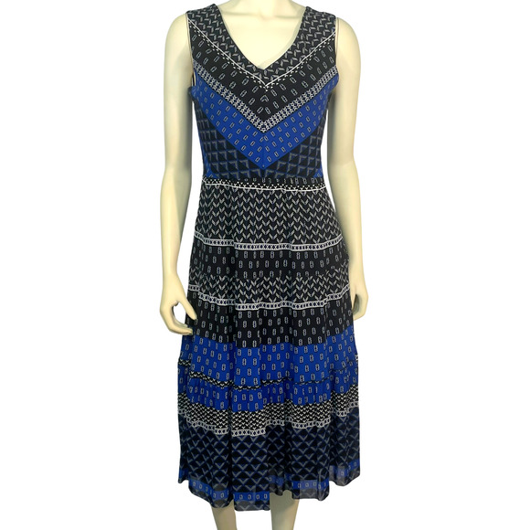 T Tahari Sz S Summer Tank Midi Dress Tiered Skirt Sheer Overlay Blue Scarf Print - Picture 1 of 10